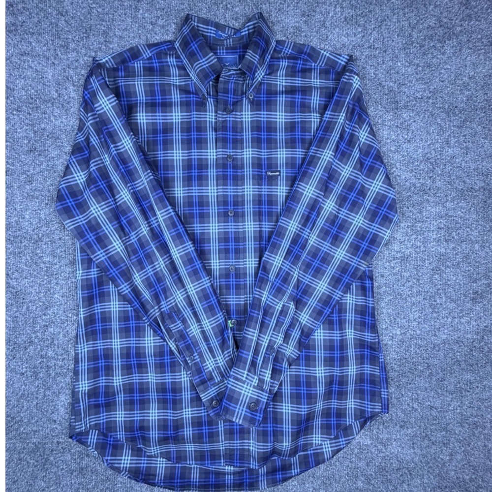 Faconnable Mens Blue Grey Plaid Button Down Shirt 100% Cotton Made in USA Size M
